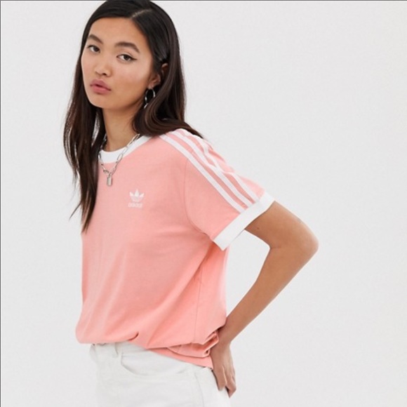 pink 3 stripe adidas shirt